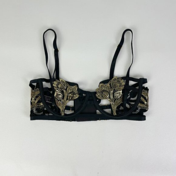 NWOT Victoria's Secret Bra 32C Unlined Balconet Strappy Banded Black Gold Floral - Picture 1 of 7